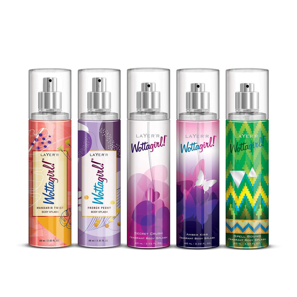 Layer'r Wottagirl Mandarin Twist + French Peony + Secret Crush + Amber Kiss + Spell Bound Body Splash Each  60ml 2 Fl.oz. | Combo Of 5