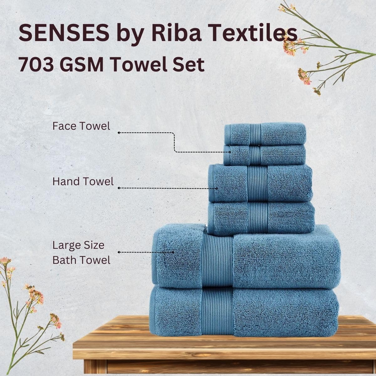 Senses By Riba Cotton Towel Bath, Hand & Wash 703 Gsm | All Cotton Zero Twist Premium Hotel & Spa Quality Highly Absorbent | Pack Of 6 (Teal)
