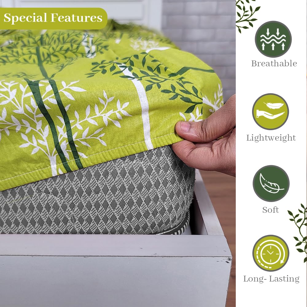 Double Bedsheet For Queen Size With 2 Pillow Covers - 60 X 78 Inches, Green & White | All Around Elastic Fitted Soft, Lightweight & Breathable Cotton Bedsheet