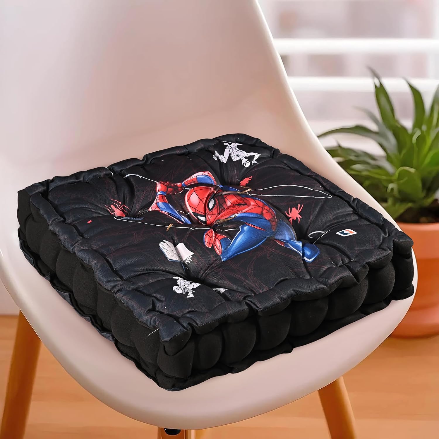 Cotton Chair Cushions Pillow For Sitting, Back Rest, Marvel Spiderman - Black | Chair Pad For Office Work & Posture Support | Furniture Cushion, Lightweight & Portable - Pack Of 6