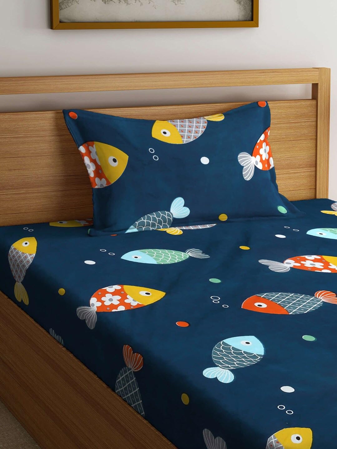 Cartoon Printed Single Bedsheet For Kids With One Pillow Cover - 60 X 90 Inches, Navy Blue | 300 Thread Count - Wrinkle Free Soft Perfect For Everyday Use