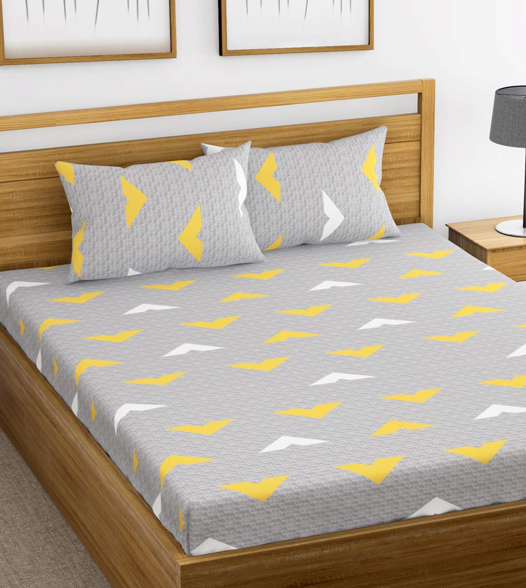 Printed Queen Size Bedsheet Two Pillow Cover - 88 X 96 Inches, Grey & Yellow | Soft & Comfortable Sleep Experience | 144 Thread Count