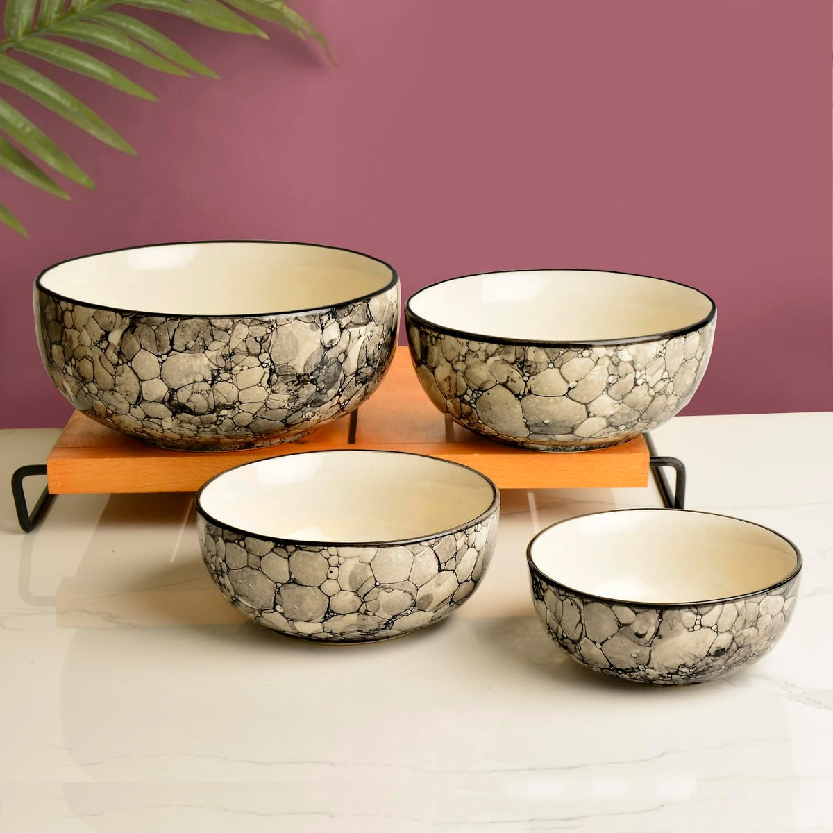 Hand Painted Ceramic Dinner Serving Bowl Set Of 4 - 1200ml, 700ml, 400ml & 300ml, Grey | Dinner Serving Set - Stackable Kitchen Bowl Set