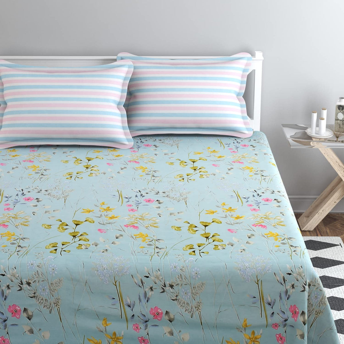 King Size Bedsheets With 2 King Size Pillow Covers | 108 X 108 Inches, Sky Blue | Luxury Soft Sheets, Breathable, Shrinkage | Pure Cotton Bedsheet