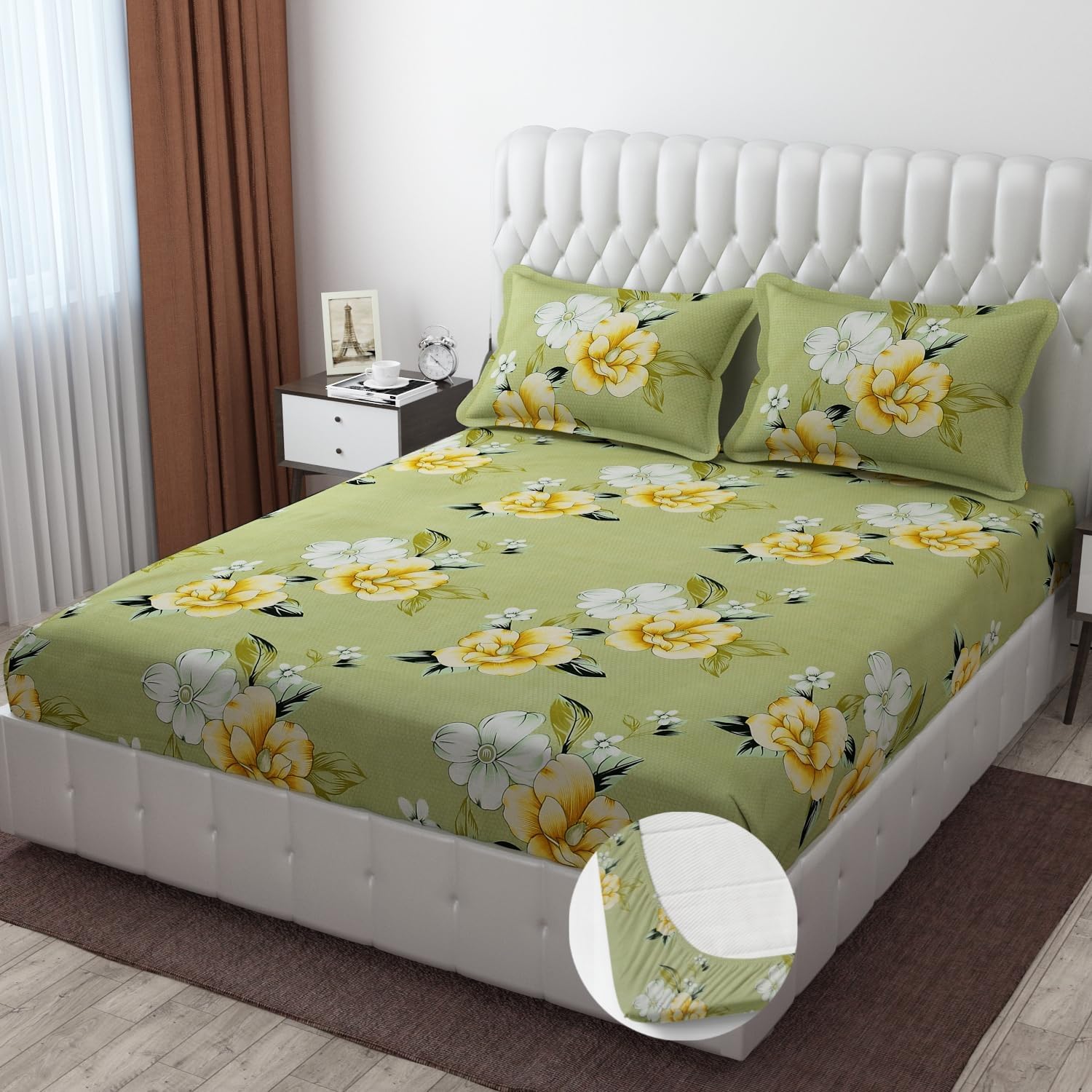 Premium Heavy Cotton Elastic Fitted Bedsheets With 2 King Size Pillow Covers | 72 X 78 Inches, Light Green - Double Bed With All Around Elastic | 350 Thread Count