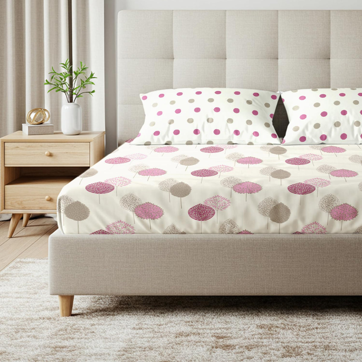 Bedsheet For Double Bed, Queen Size Bedsheet With 2 Pillow Covers | 88 X 100 Inches, White & Pink - Luxurious 100% Cotton Fabric | Soft & Comfortable For All Season