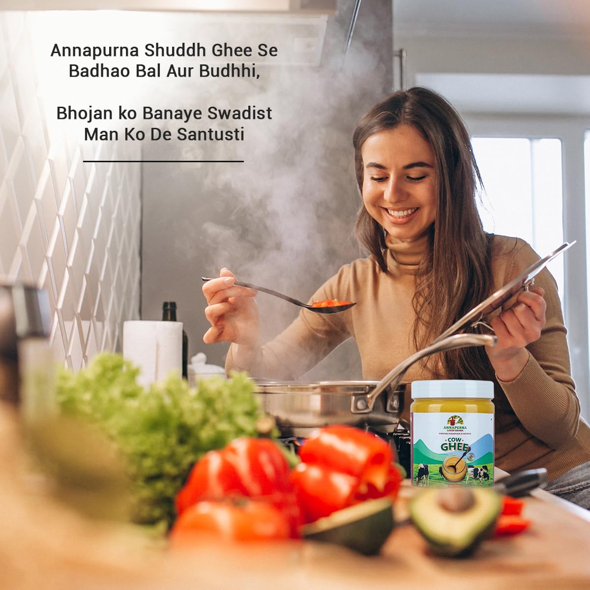 Natural Desi Cow Ghee By Annapurna Lakdi Ghana | High In Protein Fiber & Nutrients Healthy Desi Ghee Perfect For Pulao | (500ml) 16.9 Ounce | Jar Pack