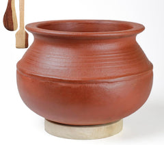 Deep Burned Uncoated Clay Rice Pot Or Mitti Handi With 2 Wooden Spatulas Complimentary For Cooking & Serving - Red, 1 Liter | Pre-Seasoned Mud Pot - Unglazed, Double Fired, Hand Crafted