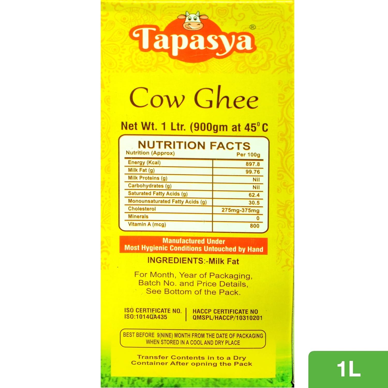 100% Natural Shudh Cow Ghee By Tapasya | Curd Churning Bilona Method Pure Desi Ghee For Immunity Booster | (1 Litr) 33.8 Ounce | Box Pack