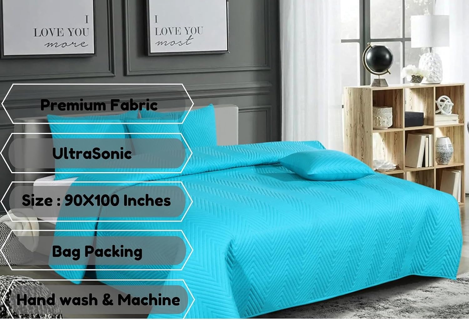 Luxurious Bedsheet For Double Bed With 2 Pillow Cover + 2 Cushion Cover - 90 X 100 Inches, Aqua | All Weather 5 Pcs Glace Cotton Ultrasonic TC - 280