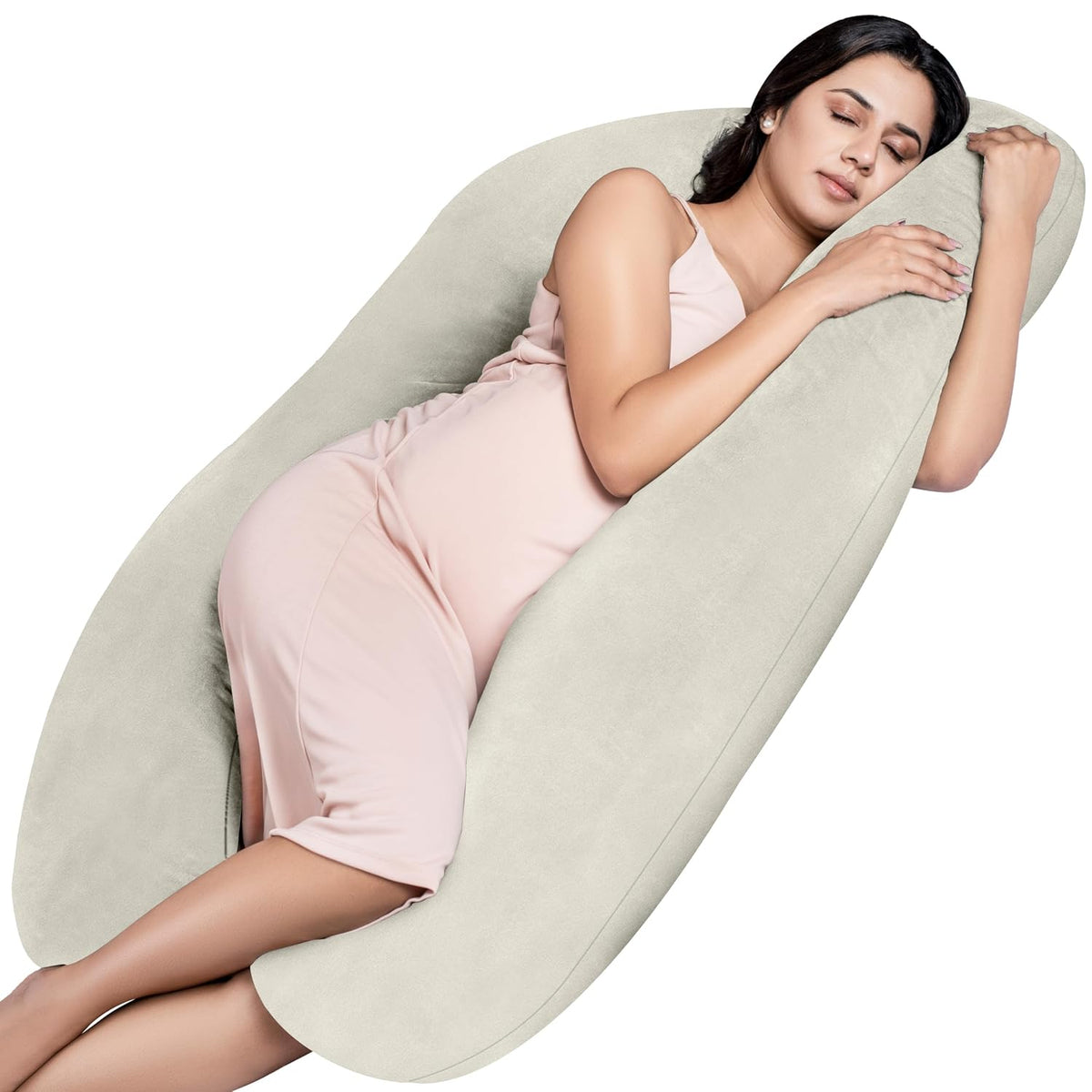 Full Body U Shape Pregnancy Pillow For Women, Maternity Pillow, Cream Color | Pillow Gift For Pregnancy Sleeping, Premium Velvet Cover With Zip | Adjustable & Washable, Relieves Pain