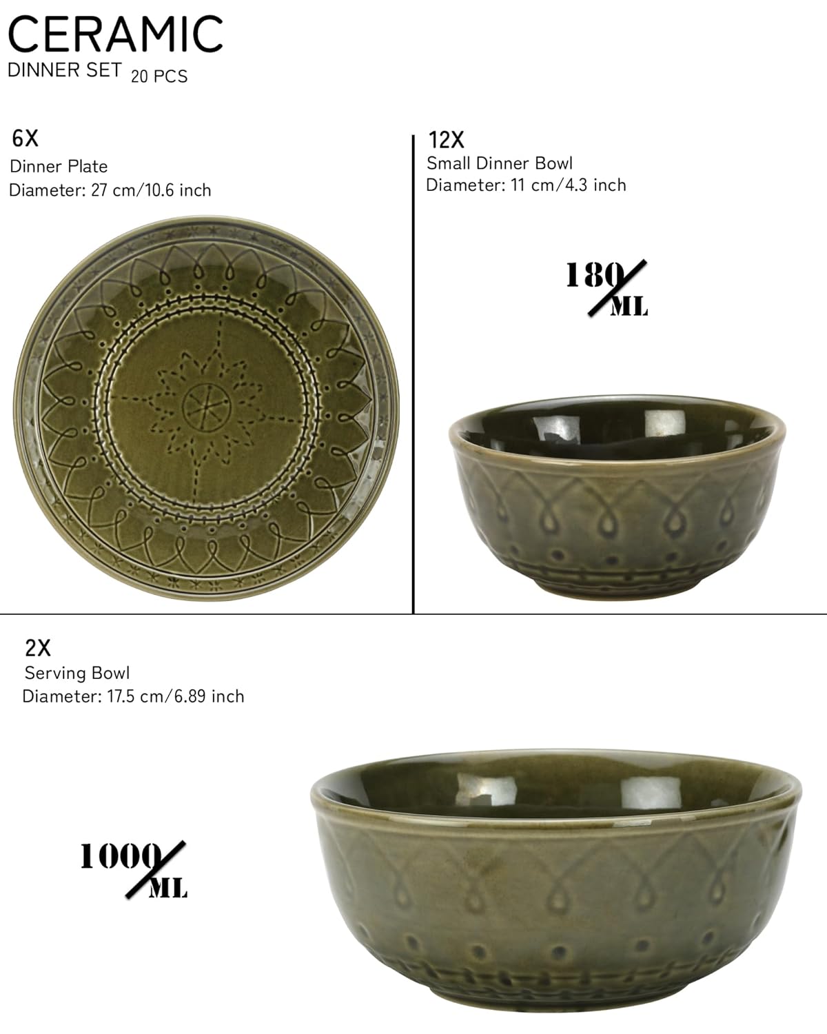 Handcrafted Stoneware Embossed Ceramic Dinner Set Of 20 Pcs With Serving Bowl Set - Moss Green | 6 Dinner Plates+ 12 Small Dinner Bowls, 180ml Each+ 2 Serving Bowl, 1000ml Each | Serving For 6