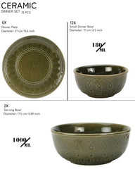 Handcrafted Stoneware Embossed Ceramic Dinner Set Of 20 Pcs With Serving Bowl Set - Moss Green | 6 Dinner Plates+ 12 Small Dinner Bowls, 180ml Each+ 2 Serving Bowl, 1000ml Each | Serving For 6