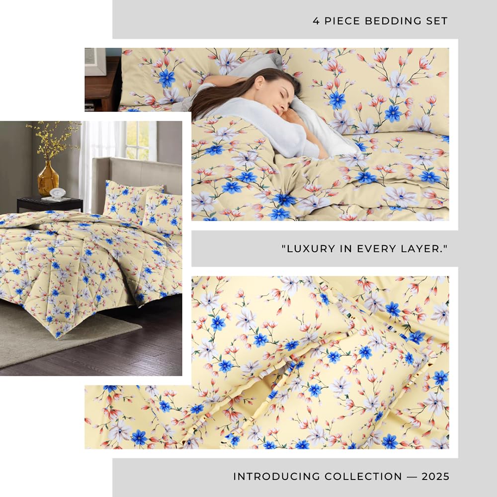 Cotton King Size Double Bedsheet 1 AC Comforter & 2 Pillow Covers | 90 X 100 Inches, Almond & Blue - Perfect Gift Set Wedding, Anniversary | 4 Pc Bedding Set