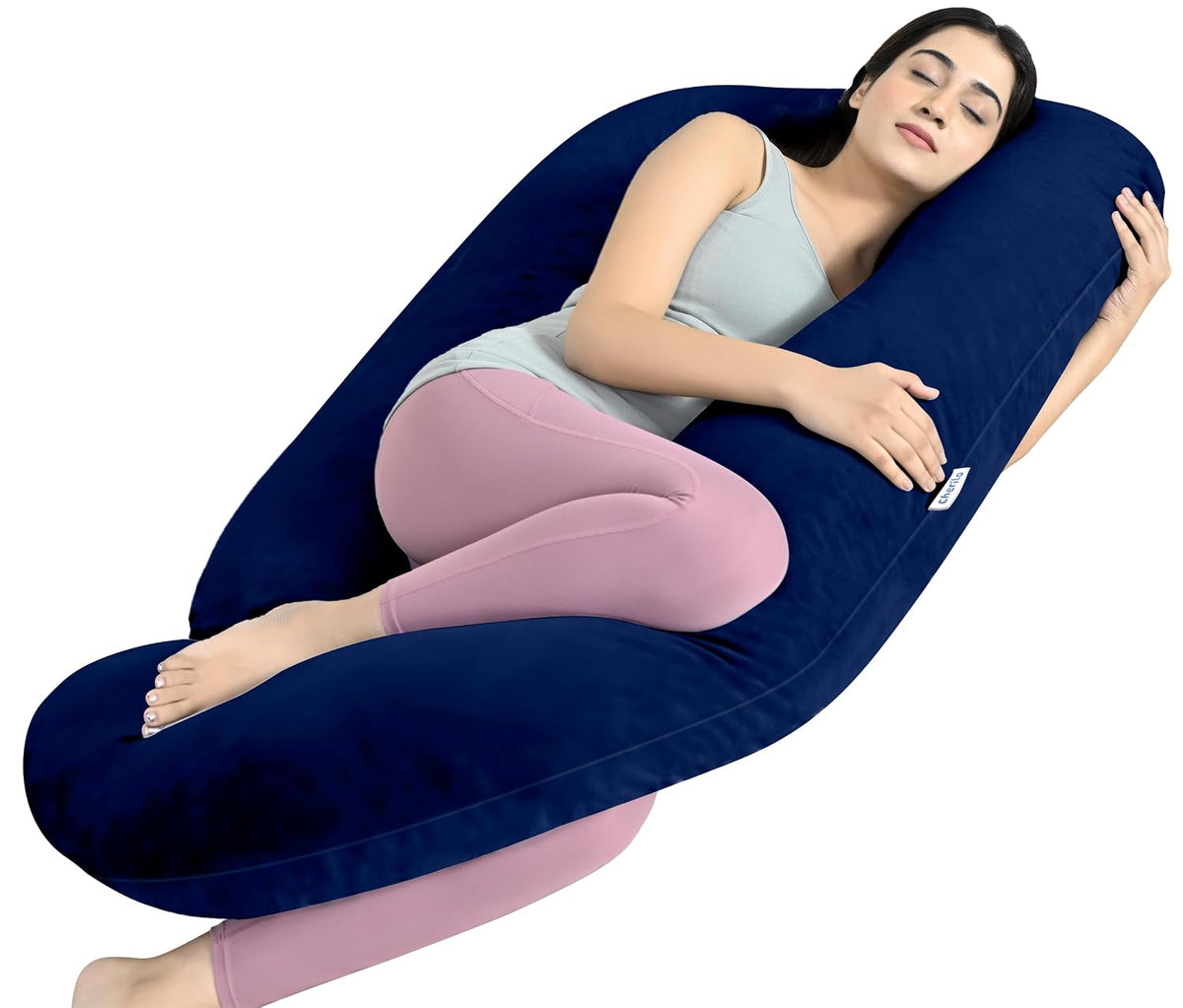 Full Body G Shape Pregnancy Pillow For Pregnant Women & Nursing Mom, Navy Blue | Single Pillow For Multipurpose Use During Maternity | Premium Velvet Outer Cover With Zip, Adjustable