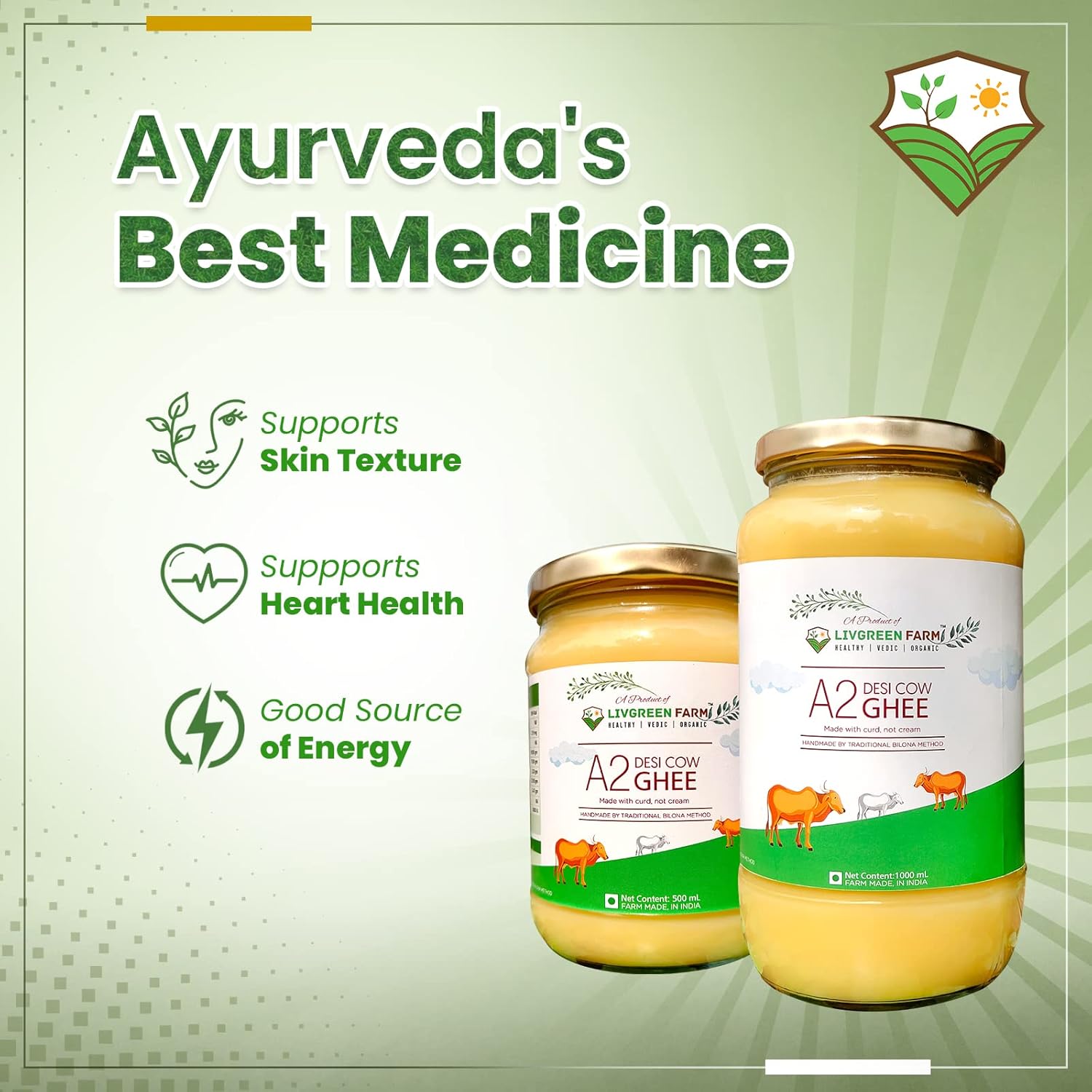 Pure Natural A2 Desi Cow Ghee By Livgreen Farm | Rich In Nutrients & Healthy Bilona Method Pure Desi Ghee Good For Overall Health | (1 Litre) 33.8 Ounce | Jar Pack