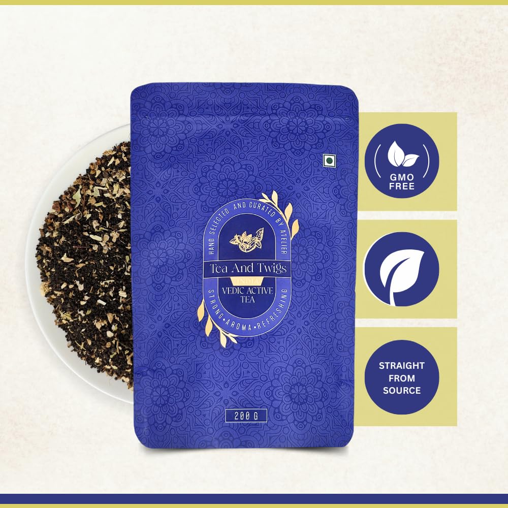 Tea And Twigs Vedic Active Tea - 200gm, 7.05 Ounce | Premium Indian Chai With CTC Black Tea - Made With Aswagandha, Tulsi, Ginger, Cardamom & Clove | Assam & Dooars Pure Black Tea