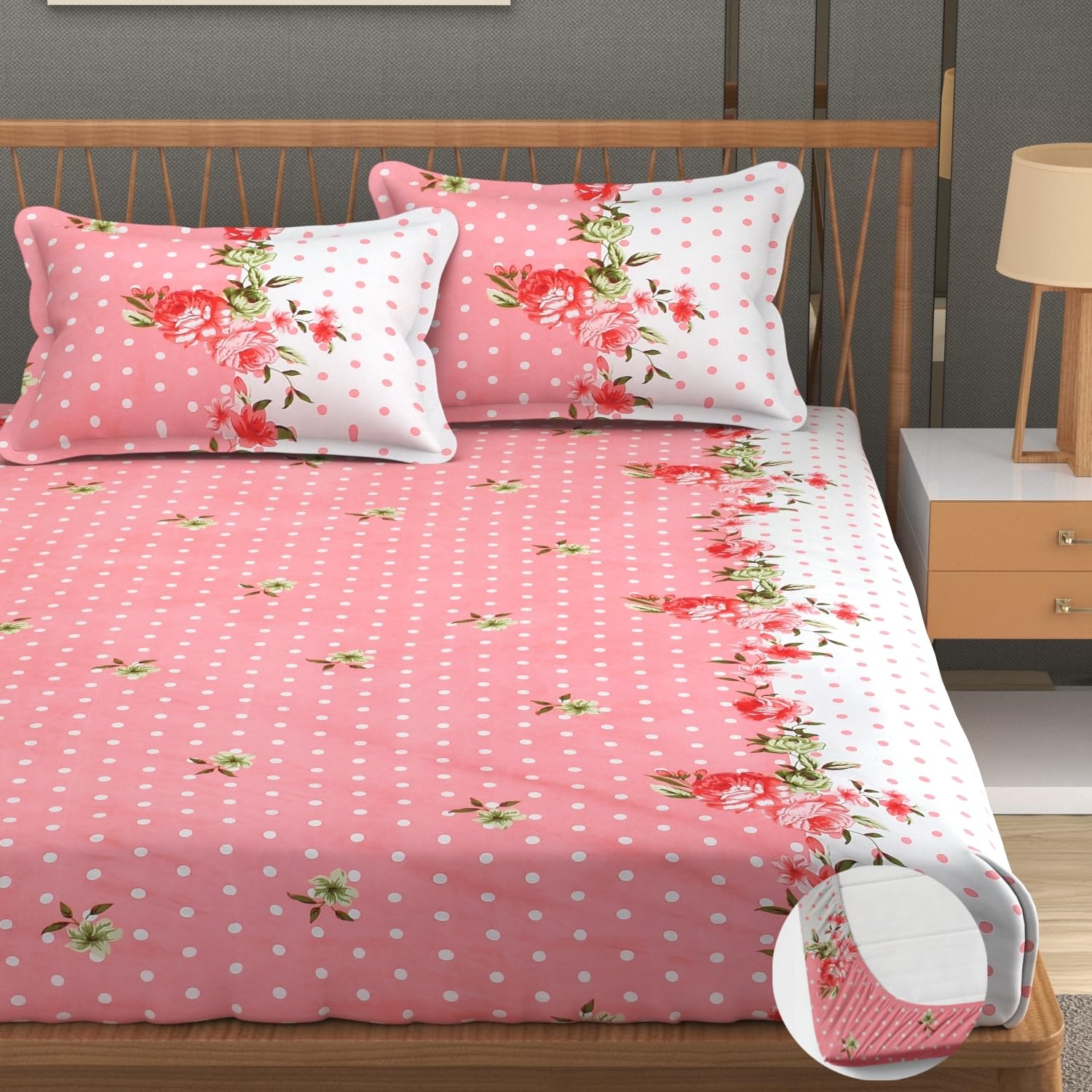 Premium Heavy Cotton Elastic Fitted King Size Bedsheet With 2 Pillow Covers - 72 X 78 X 10 Inches, Pink & White | All Weather Comfort & Bedroom