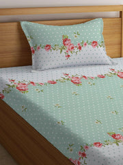 Printed Single Bedsheet Size With 1 Pillow Cover - 60 X 90 Inches, White & Green | Cotton Wrinkle Free Soft, Breathable | Durable & Long-Lasting