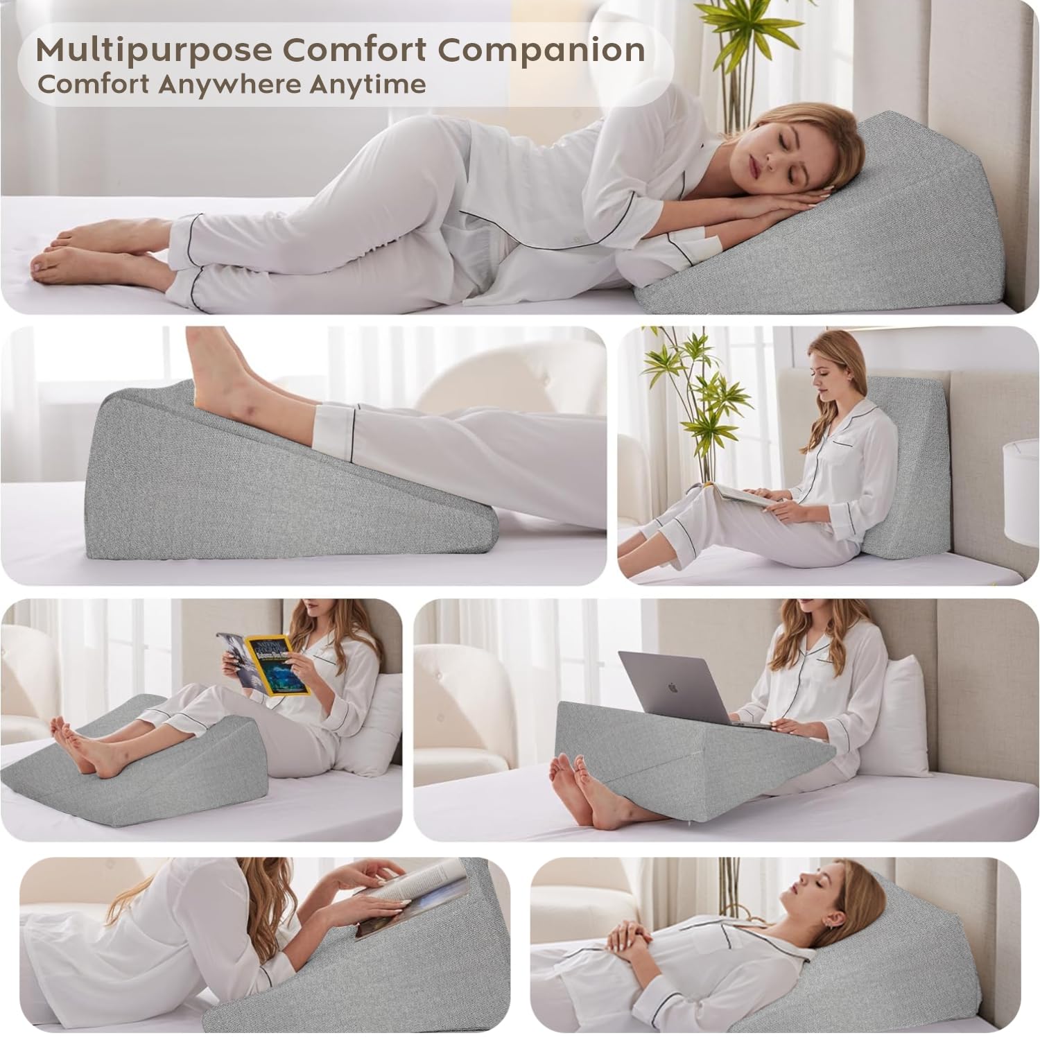 Wedge Cushion, Orthopedic Wedge Pillow For Bed, Neck Pain, Acid Reflux, Grey - 20 X 19.5 X 10 Inch | For Snoring, Gerd, Leg Elevation & Pregnancy | High-Resilience Memory Foam Pillow