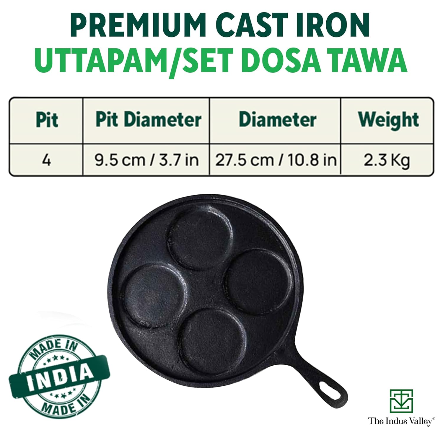 Pre-Seasoned Black Cast Iron Uttapam Tawa - 4 Pit, 27.5cm, 10.8 Inch, 2.5 Kg | Induction Friendly, Naturally Nonstick, 100% Pure & Toxin-Free, No Chemical Coating