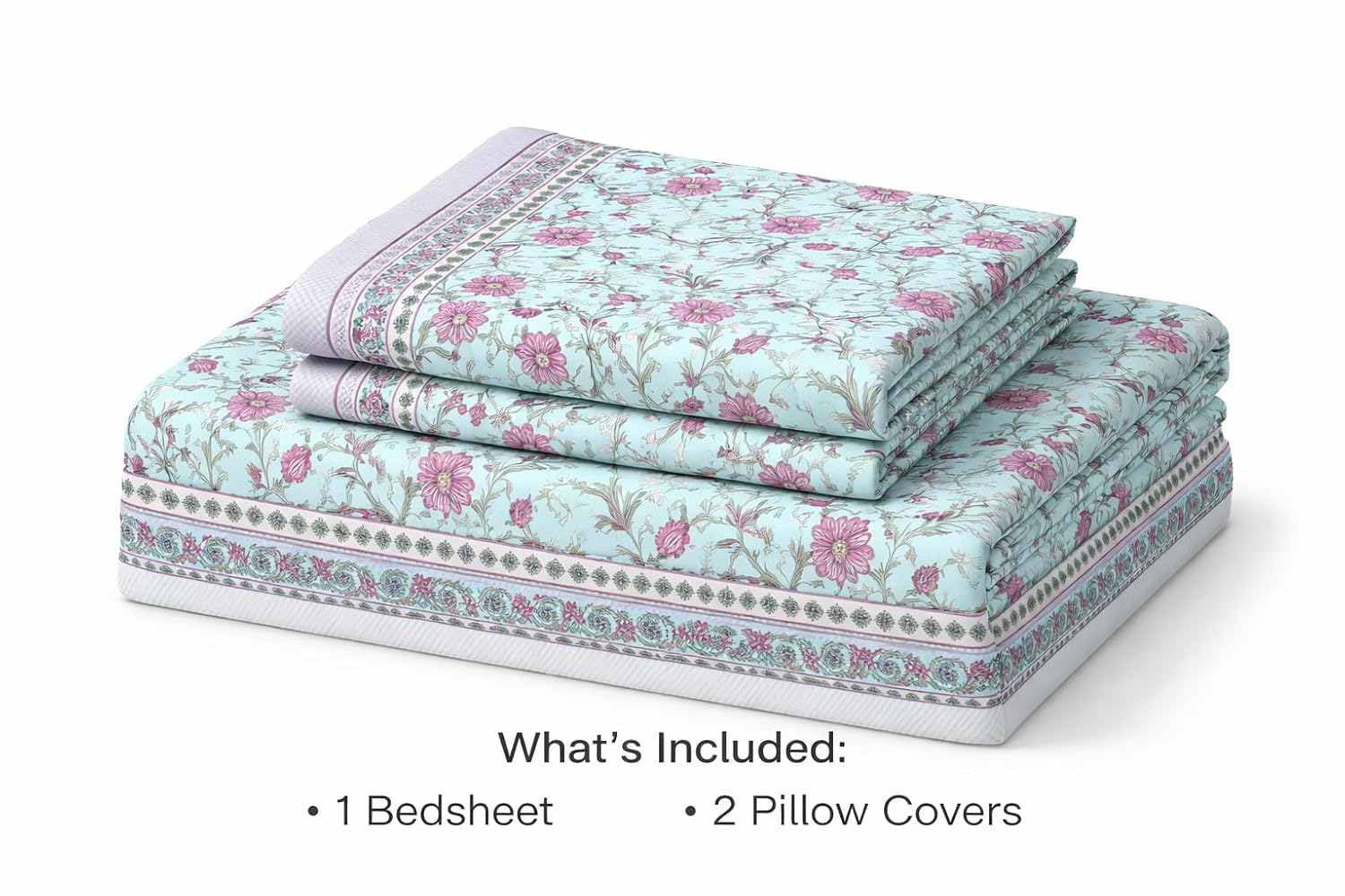 Hand Printed Double Bedsheet For King Size With 2 Pillow Covers | 90 X 108 Inches, Aqua & Pink | Ultra-Soft & Skin-Safe | Breathable Summer Comfort