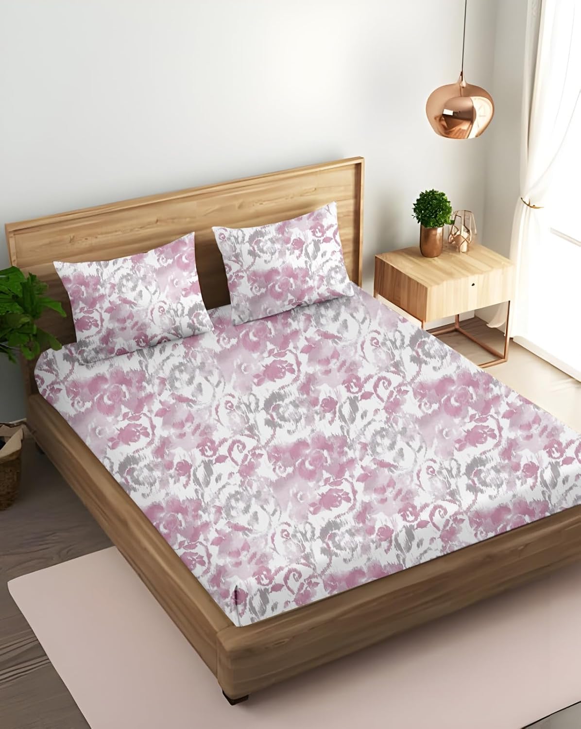 King Size Fitted Bedsheet With 2 Large Pillow Covers - 108 X 108 Inches, Pink & White | Soft, Breathable & Durable | Wrinkle Resistant