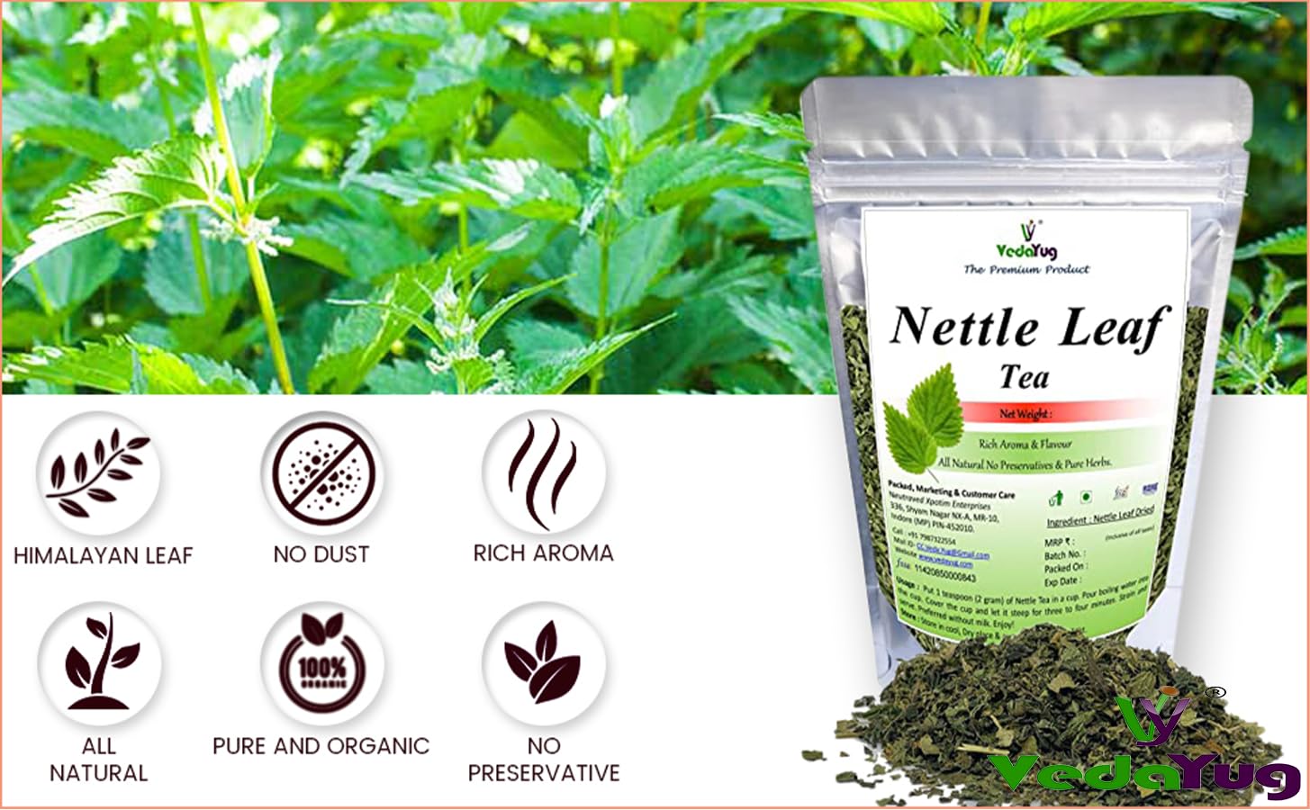 VedaYug Nettle Leaf Tea - 25gm, 0.8 Ounce | Treats Painful Muscles, Rich Aroma & Flavor - No Preservatives, No Additives