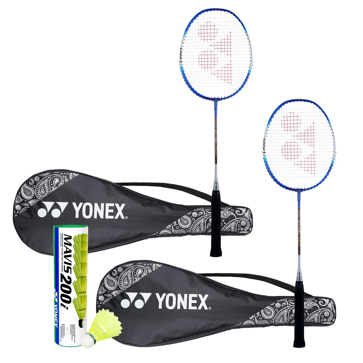 Yonex ZR 100 Light Aluminum Badminton Racquet With Full Cover, Colour - Blue Combo Of 2 + Mavis 200i Shuttlecock, Yellow