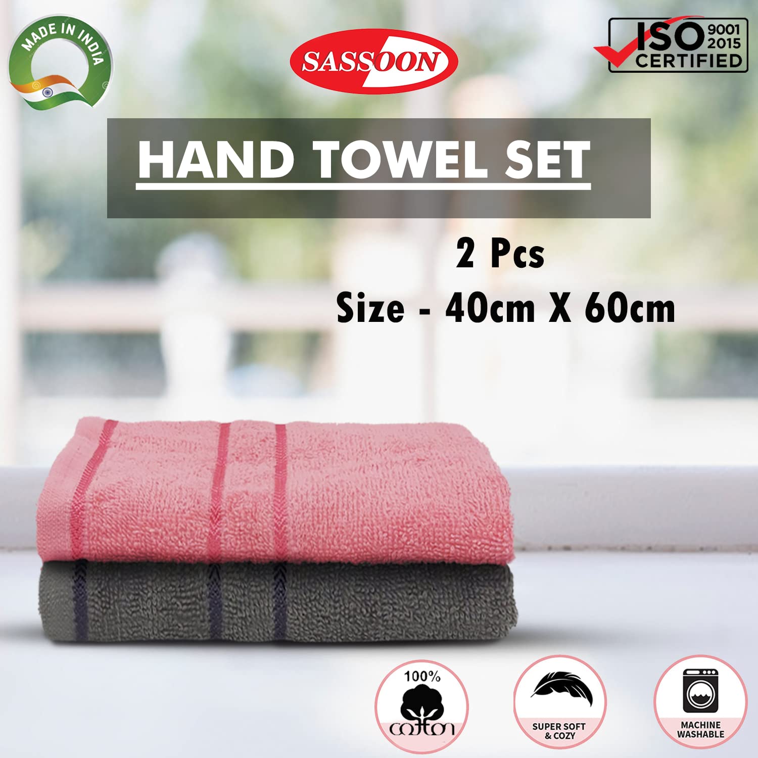 Sassoon Melrose 100% Cotton Hand Towel 400 Gsm | Highly Absorbent, Soft Material Perfect For Daily Use (Grey & Blossom) -2 Piece