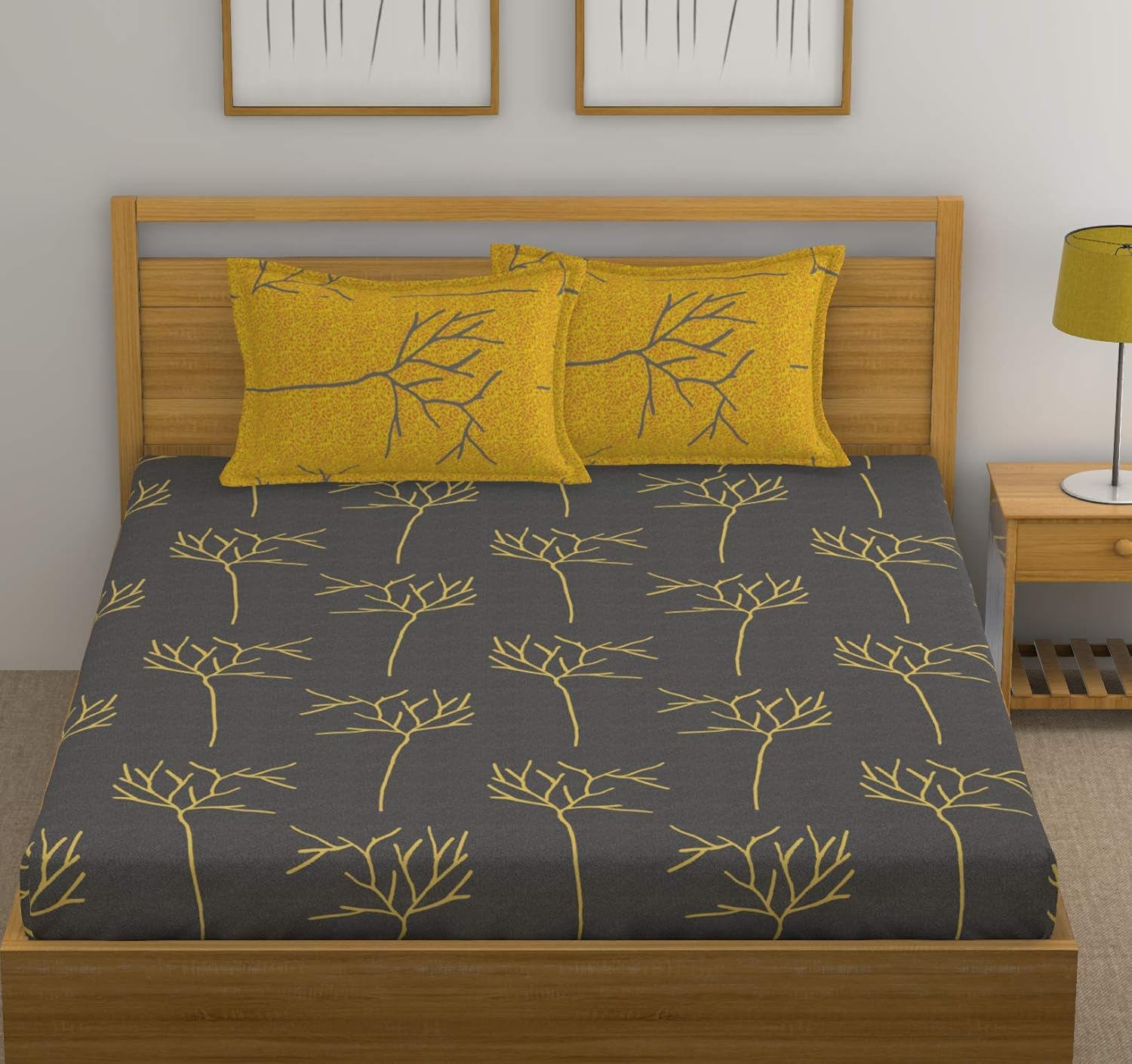 1 King Size Bedsheet With 2 Pillow Covers - 108 X 110 Inches, Grey & Yellow | Skin Friendly Fabric With Vibrant Colors | Beautiful Bedsheets