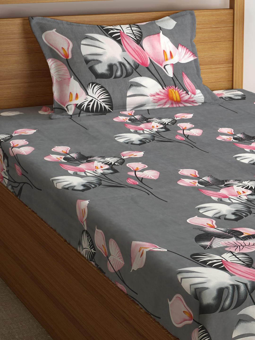 144 TC Microfiber Single Bedsheet With 1 Pillow Cover - 55 X 86 Inches, Grey & Pink | Soft To Touch & Comfortable | Natural Resistance To Shrinkage & Wrinkles