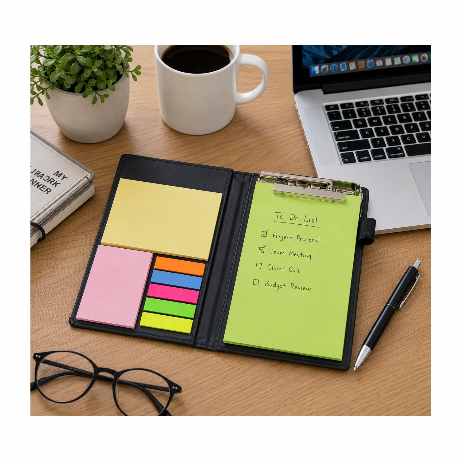 Sticky Notes, Clip Holder & Pen | Desk & Office Organizer Notebook (Neon)