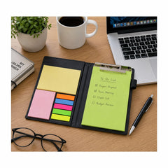 Sticky Notes, Clip Holder & Pen | Desk & Office Organizer Notebook (Neon)