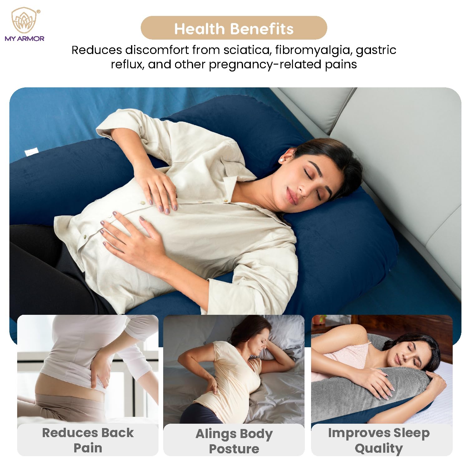 Full Body J Shape Pregnancy Pillow For Women, Maternity Pillow, Grey & Navy Blue | Pillow Gift For Pregnancy Sleeping, Premium Velvet Cover With Zip | Adjustable, Multipurpose Pillow