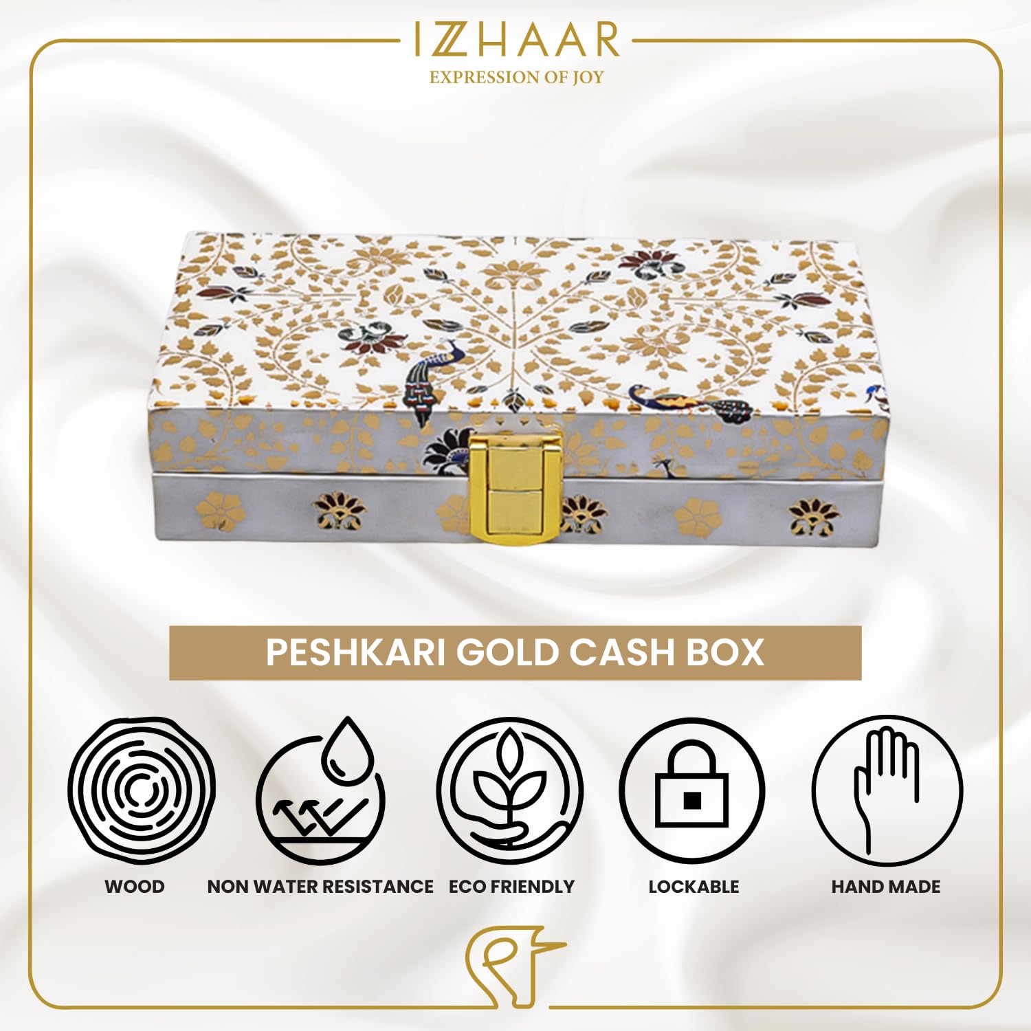 Peshkari Wooden Printed Cash Box Versatile For Shagun, Gifting, Gaddi, & Jewellery, Ideal For Shagun Envelopes, Wedding Gifts, & Special Occasions, Colour - Gold & White