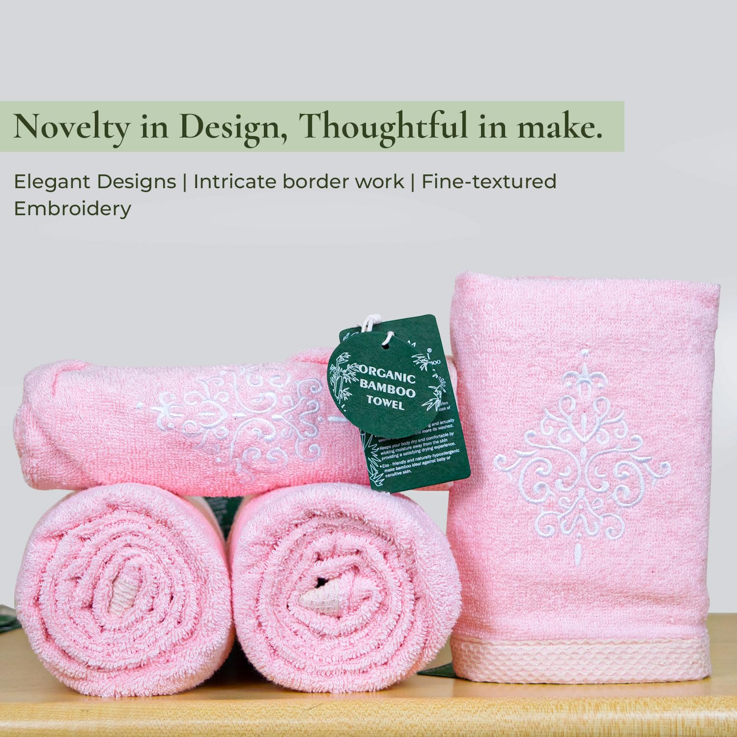 Rangoli 100% Bamboo 2 Bath & 2 Hand Towels 850 Gsm | Large Size Ultra Soft, Quick-Absorbent & Eco-Friendly Towels - Peach