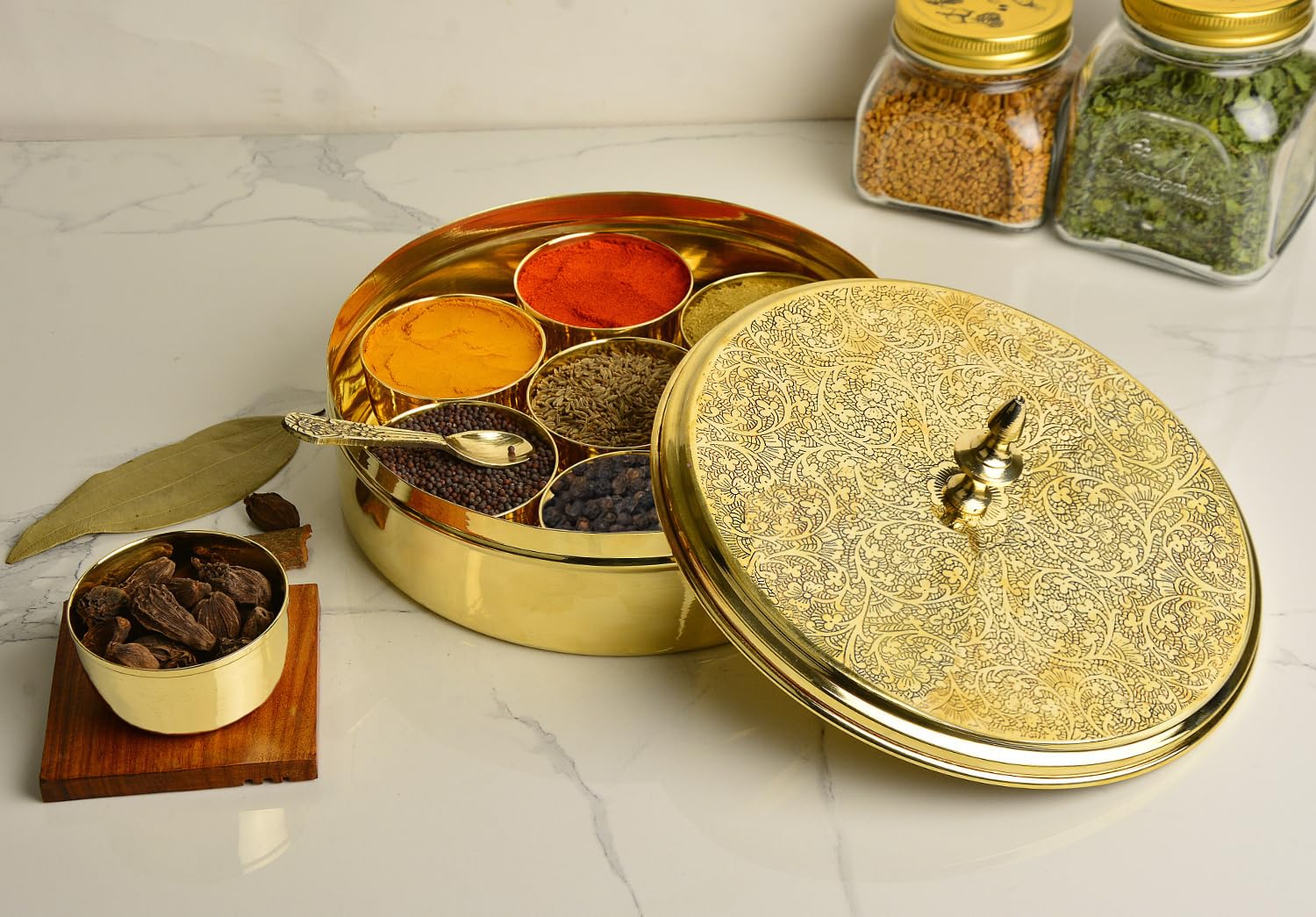 Premium Pure Brass Floral Etched Indian Spice Box For Kitchen With Spoon - 7 Containers, 80ml Each, Golden, Diameter - 7.2 Inches, Weight - 850gm | Peetal Masala Dani, Masala Dabba