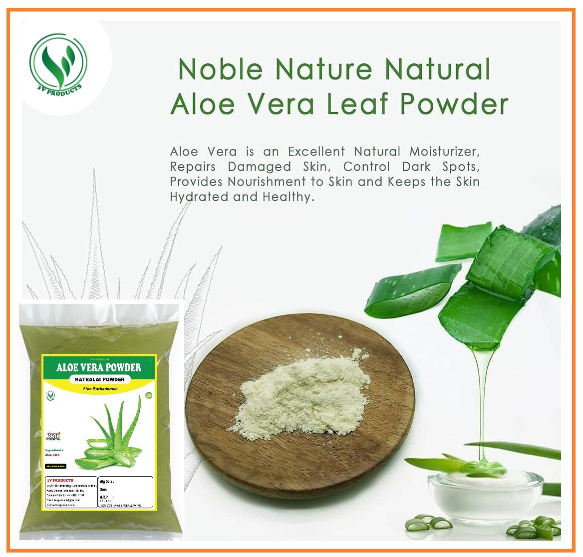 3V Products Aloe Vera Powder, Aloe Barbadensis, Katralai, Kathalai, 100% Pure & Natural Organically Grown Aloe Vera Powder | 100gm 0.2lbs