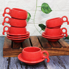 Red Peppy Ceramic Cups & Saucers Set Of 6 | Tea Cup Set Of 6 Cups + 6 Saucers For Tea, Coffee, Hot Drinks - 12 Pieces, 150ml, Microwave Safe