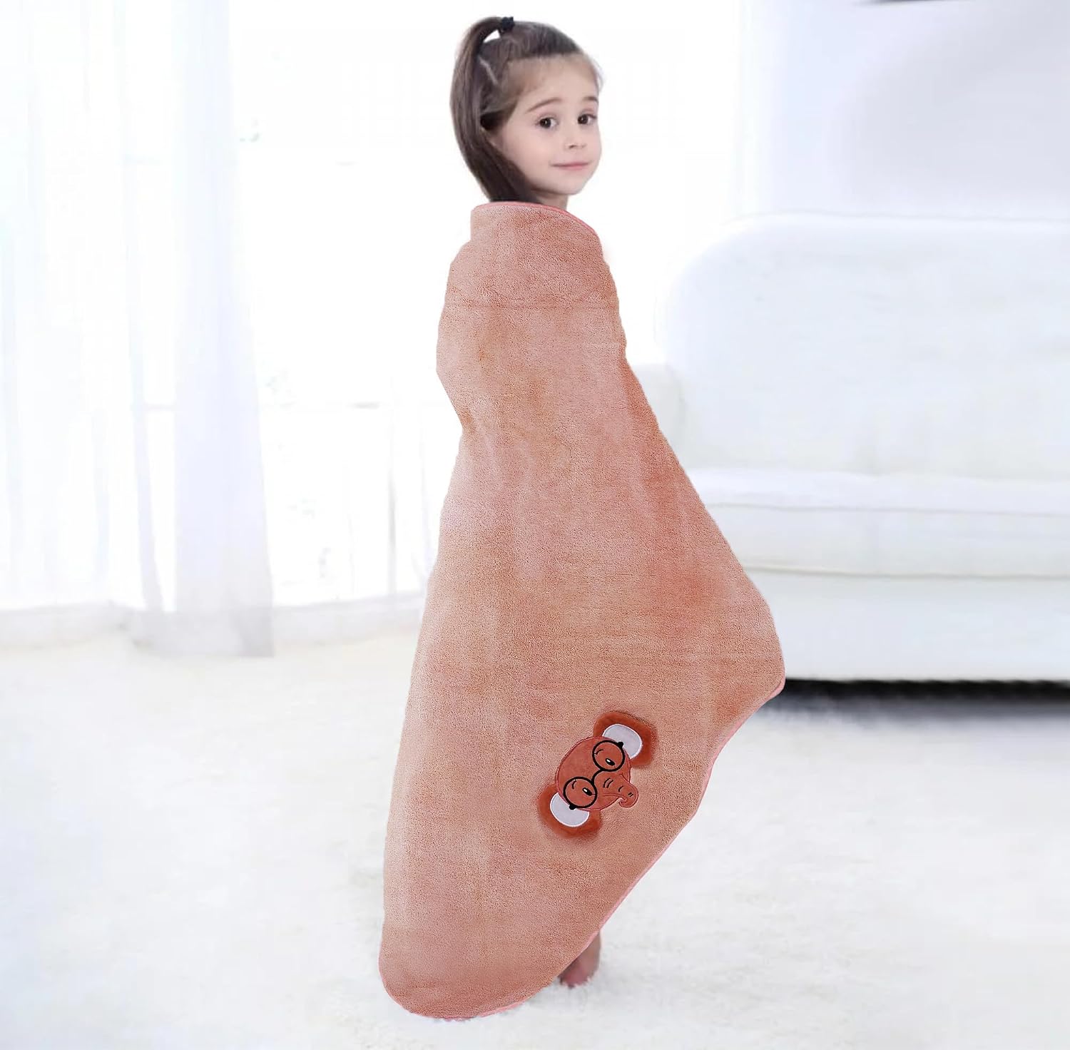 Urbanleaf Premium Microfiber Kids Bath Towels 300 Gsm | Quick Drying Towels For Unisex Kids Cartoon Print Baby Towel (Peach) 250 Tc