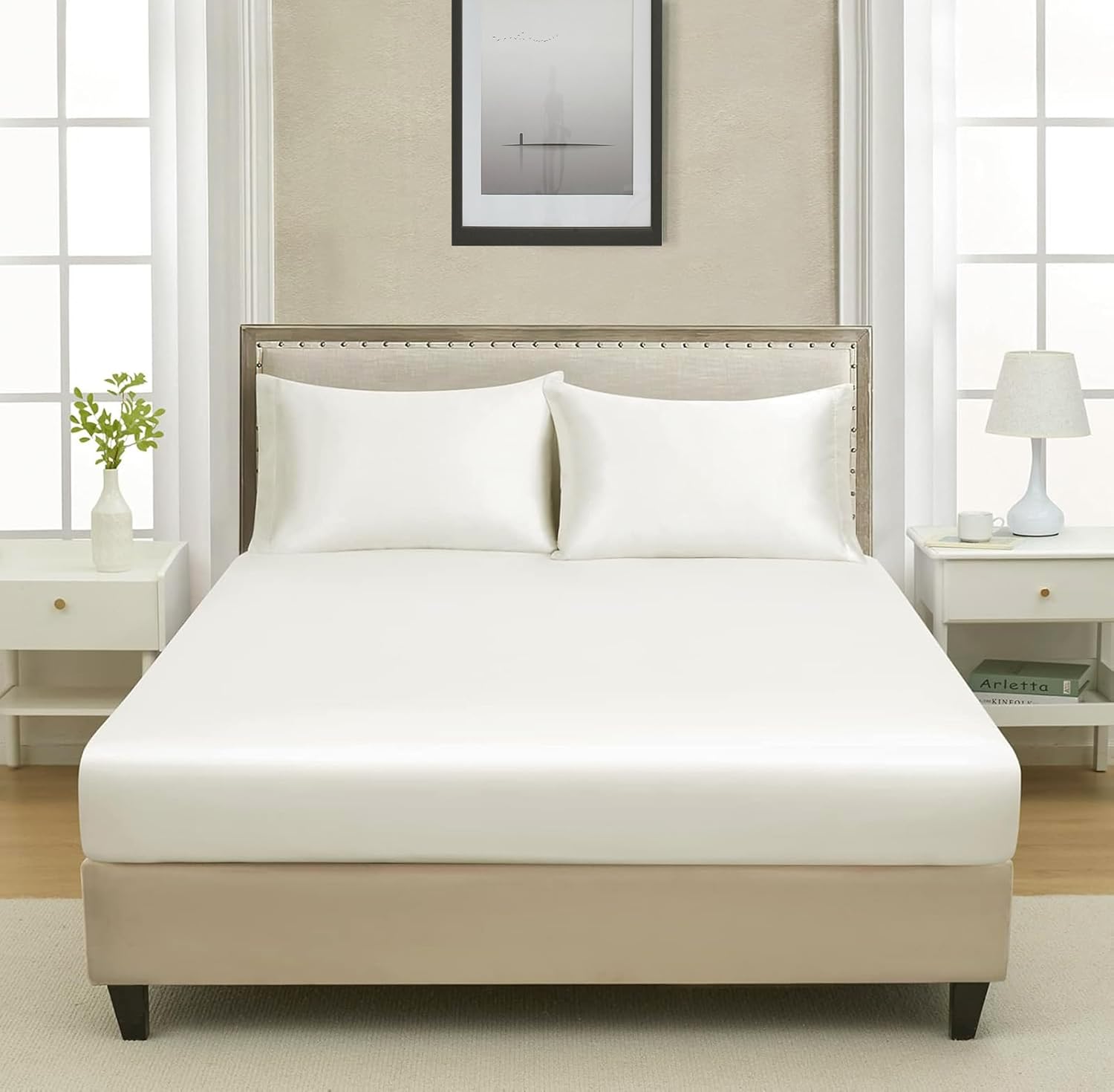 Elastic Fitted Bedsheet Queen Size With 2 Pillow Cover - 60 X 78 X 10 Inches, Cream | Lightweight & Breathable, Perfect For All Seasons