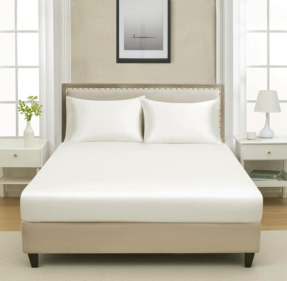 Satin Fitted Solid Bedsheet King Size With 2 Pillow Cover - 72 X 78 X 10 Inches, Cream | Lightweight & Breathable, Perfect For All Seasons