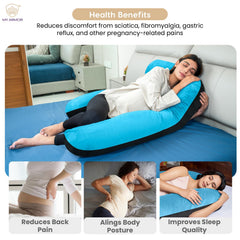 Full Body U Shape Pregnancy Pillow For Women, Maternity Pillow, Black & Sky Blue | Pillow Gift For Pregnancy Sleeping, Premium Velvet Cover With Zip | Adjustable & Washable, Relieves Pain