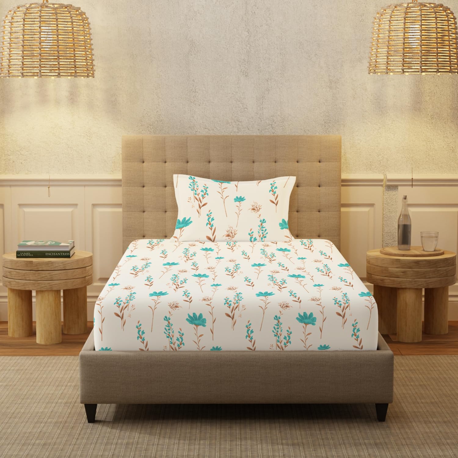 Printed Bedsheet For Single Bed With 1 Pillow Cover (Size 58 X 90 Inches) Cream & Sky Blue | Bedding Set Is Beautifully Coordinated | Breathable, Lightweight & Easy To Maintain
