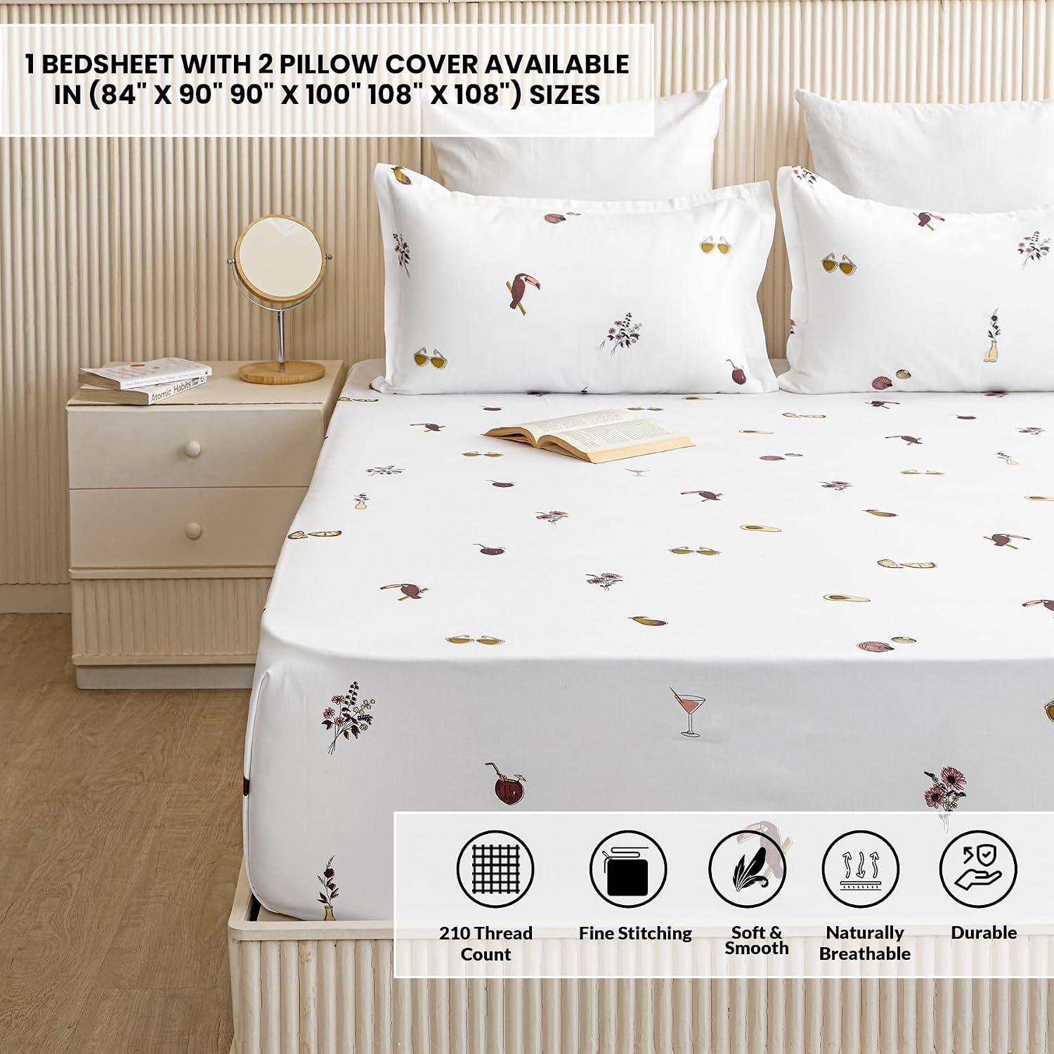 Printed Flat Double Bedsheet With 2 Pillow Covers - 84 X 90 Inches, White | Soft Breathable & Wrinkle Free | 210 Thread Count