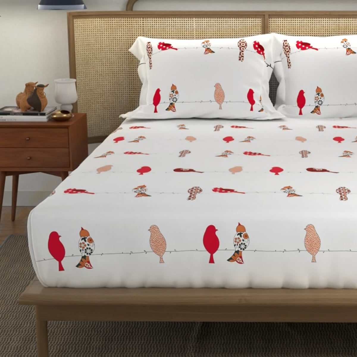 King Size Cotton Double Bedsheet - 108 X 108 Inches, White & Red | 100% Cotton Comfort Collection | Ideal For Guest House, Hotel, Home