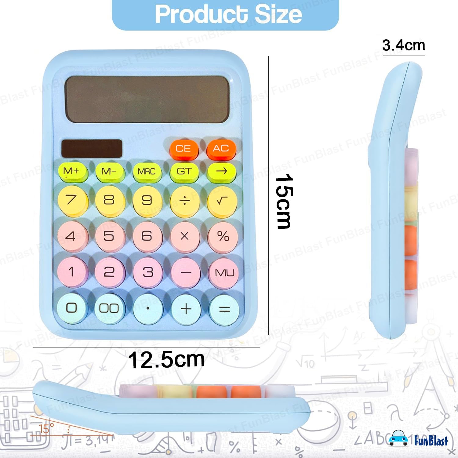 Funblast Calculator 12 Digit Extra Large 5-inch LCD Display, Big Buttons Easy To Press Use As Office, School & Home Calculators Desktop, 15° Tilt Screen For Kids Calculator (Blue)