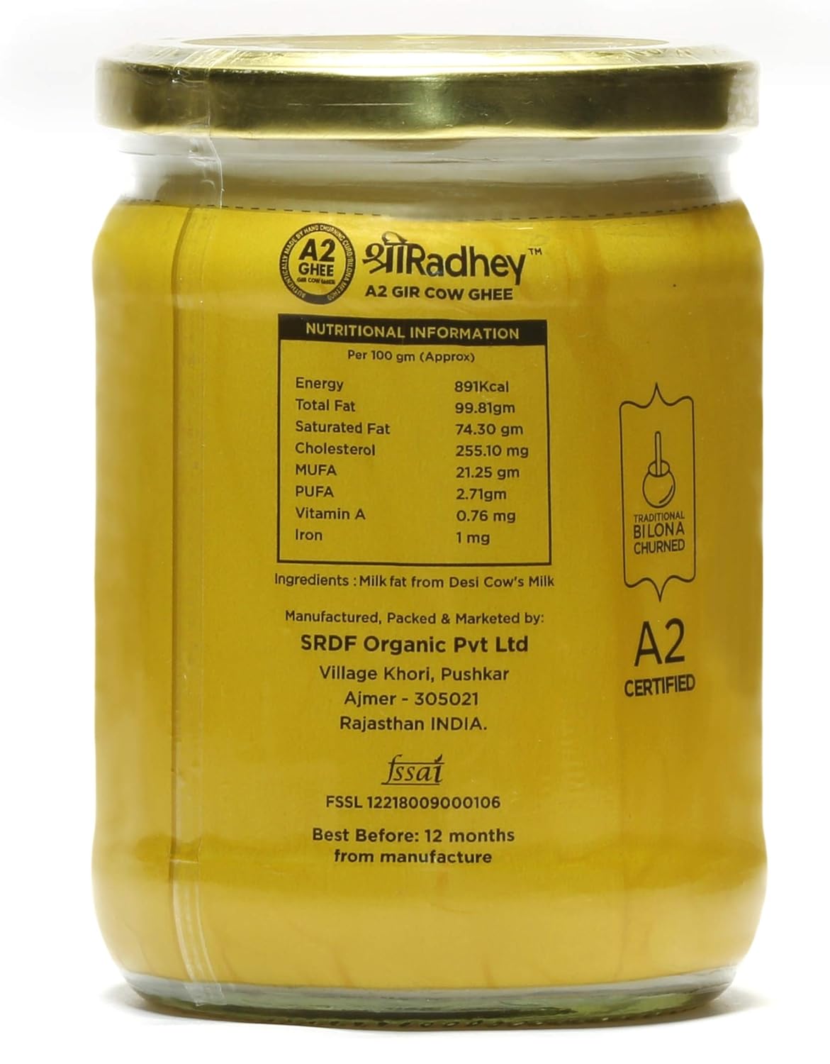 Organic A2 Bilona Gir Cow Ghee By Shreeradhey | Good Source Of Protein Fiber Healthy Desi Ghee Perfect For Laddus | (500ml) 16.9 Ounce | Jar Pack