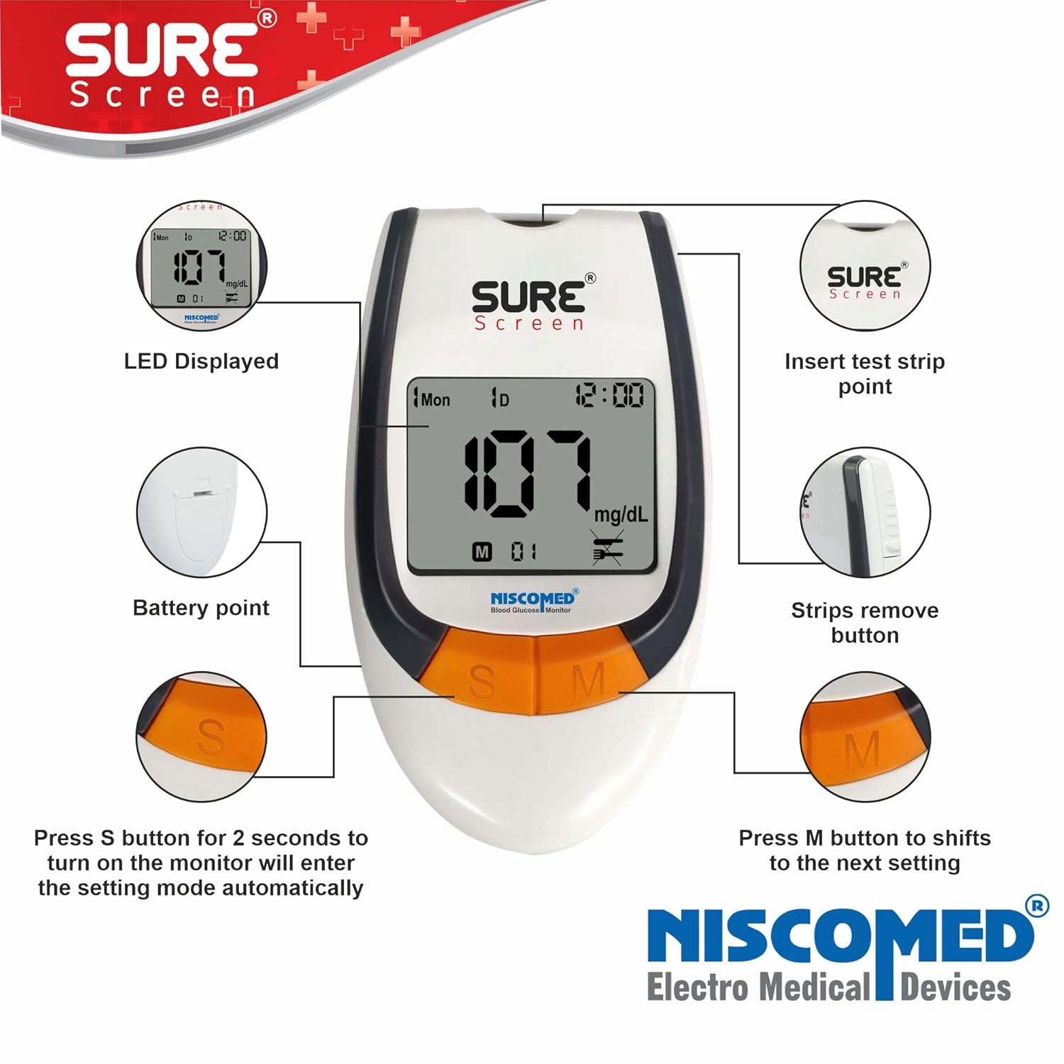 Niscomed Sure Screen Glucose Blood Sugar Testing Monitor With 75 Strips Glucometer (White) | Pain Free Testing Monitor